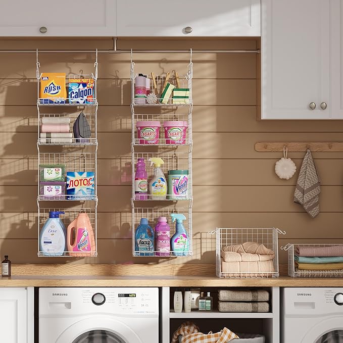 4-Tier Hanging Laundry Room Organizer: Foldable Wire Shelf Basket with 2 Large Hooks 1.65" & 360°Rotating Hooks – Space-Savin