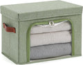 Large Storage Bins Boxes with Lids Clear Window Zipper Closure Decorative Cotton Linen Fabric Baskets with PU Leather Handles