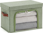 Large Storage Bins Boxes with Lids Clear Window Zipper Closure Decorative Cotton Linen Fabric Baskets with PU Leather Handles