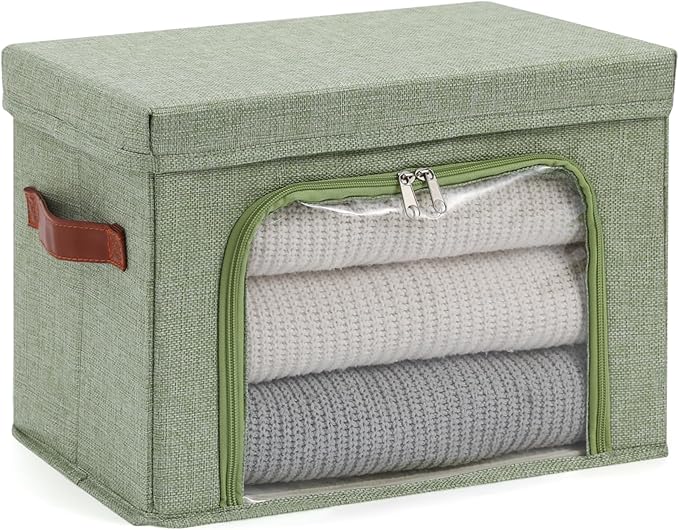 Large Storage Bins Boxes with Lids Clear Window Zipper Closure Decorative Cotton Linen Fabric Baskets with PU Leather Handles