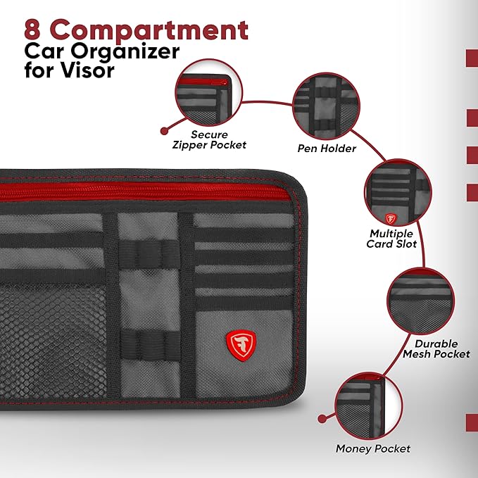 Firestone 1-Pack Car Sun Visor Organizer, Auto Visor Organizer & Car Storage Organizer | 8 Compartment Truck Visor Organizer with Holder & Slots for Sunglasses, License, Registration & More, Charcoal