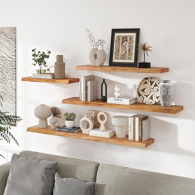 Live Edge Elm Floating Shelves For Wall - 55" W x 9.3" D Rustic Solid long Wood Shelves with Invisible Bracket, Wall-Mounted 
