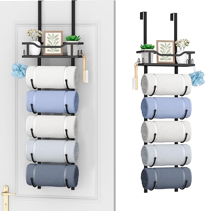 SWTYMIKI Over the Door Towel Rack - 6 Tier Towel Racks for Bathroom Wall Mounted, Towel Holder with Shelf, Hanging Rolled Tow
