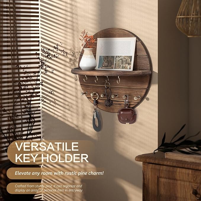 Rebee Vision Pine Wood Key Holder Wall Mount – Rustic Wooden Key Hooks for Wall with Shelf – Decorative Mail Organizer, Coat 