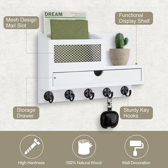 Key Holder Wall Mount, Key Holder for Wall with 5 Key Hooks and Storage Drawer Mail Organizer for Entryway Living Room Farmho