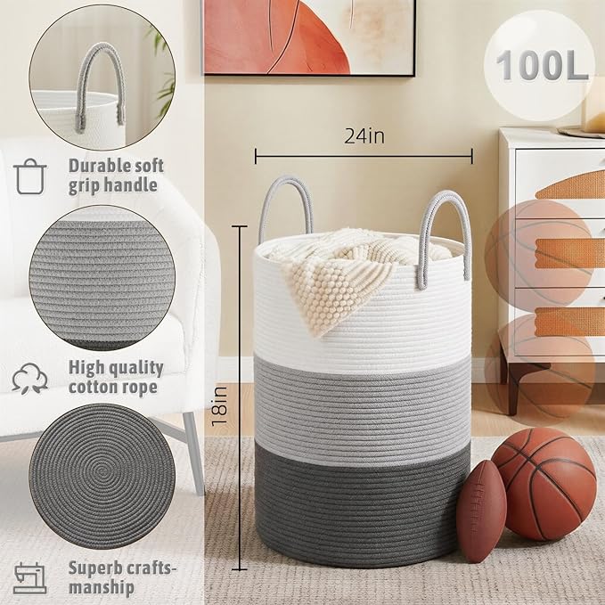 Artfeel Laundry Basket,Woven Cotton Rope Laundry Hamper,100L for Decorative Storage of Dirty Clothes,Toys and Blankets in Bat