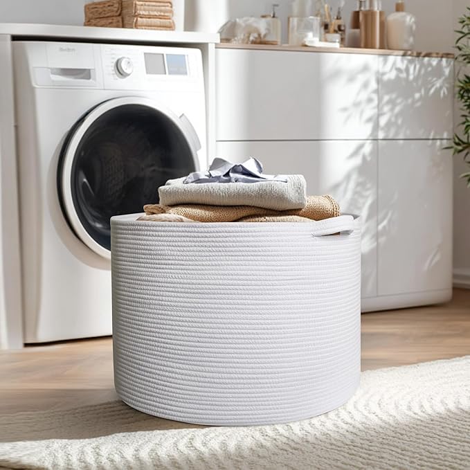 MEGASKET 115L White Cotton Rope Storage Basket, 23.6"x15.7" Extra Large Blanket Storage Living Room, XXXL Soft Toy Bin for Or