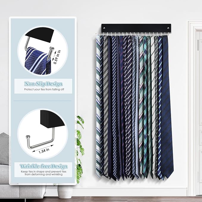 Tie Rack Belt Hanger Wall Mounted, Lomrsiul Non Slip 180 Degree Rotating Tie Organizer for Men Closet with 18 Hooks Closet Or