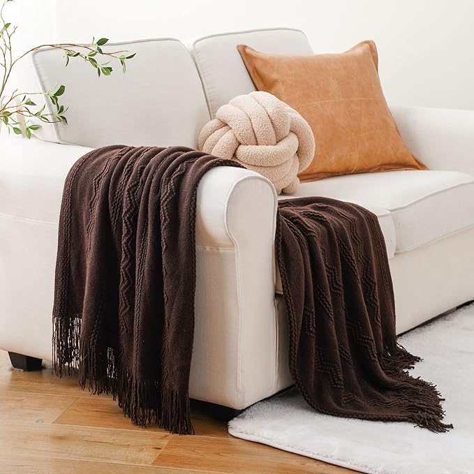 BATTILO HOME Brown Throw Blanket for Couch, Chocolate Knit Decorative Boho Throw for Home, Bed, 50"x60"