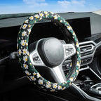 Embroidered Flowers Black Cute Daisy Steering Wheel Cover Auto Anti-Slip Breathable Rubber Steering Wheel Protector,Floral Car Accessories for Women,Universal Size Fit Most Cars -15 inch