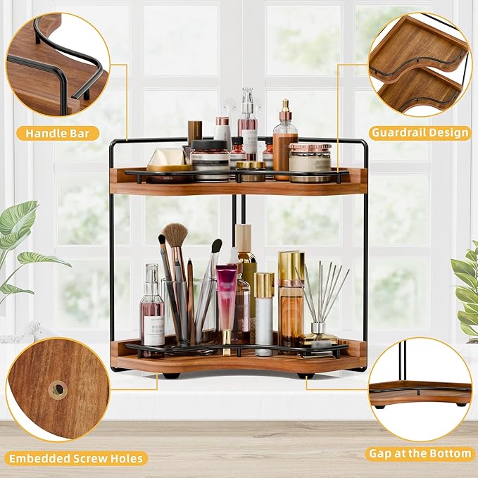 2-Tier Corner Bathroom Counter Organizer with Embedded Screw Holes, Secure & Stable Wood Vanity Shelf for Makeup and Skincare