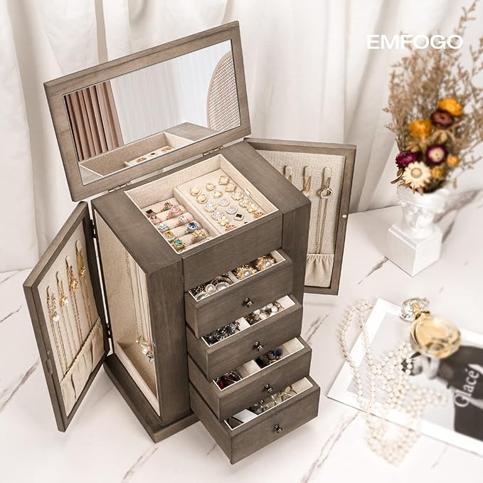 Emfogo Jewelry Box for Women, 5 Layer Large Wood Jewelry Boxes & Organizers for Necklaces Earrings Rings Bracelets, Rustic Je