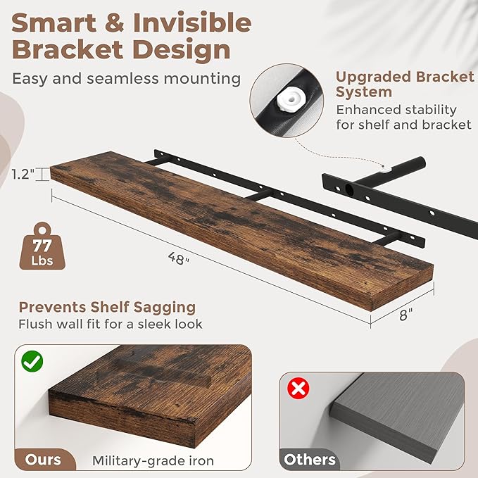 48 Inch Floating Shelves for Wall Set of 2, 8"D Wood Grain Bathroom Shelves with Invisible Brackets, Easy Install Engineered 