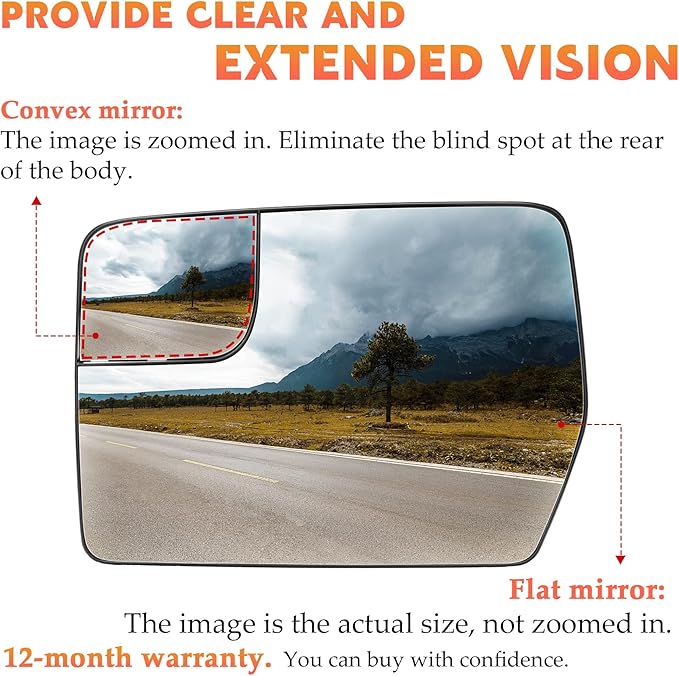 Left Driver Side Heated Mirror Glass Fits for Ford F-150 2011 2012 2013 2014 Blind Spot Convex Side View Replacement for BL3Z-17K707-E w/o Auto Dimming