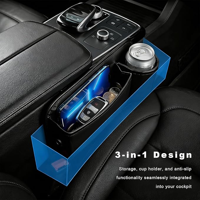 2 PCS Car Seat Gap Filler Organizer, Auto Front Seat Storage Box Anti-Drop Gap Filler with Cup Holder, Premium Leather Auto Console Side Organizer for Holding Phone Glasses Drinks