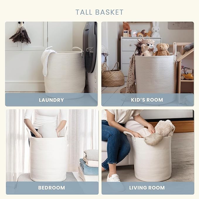 OrganiHaus Large Off-White Woven Laundry Basket w/Handles 52L, Rope Dirty Clothes Hamper, Blanket Basket for Living Room, Bab