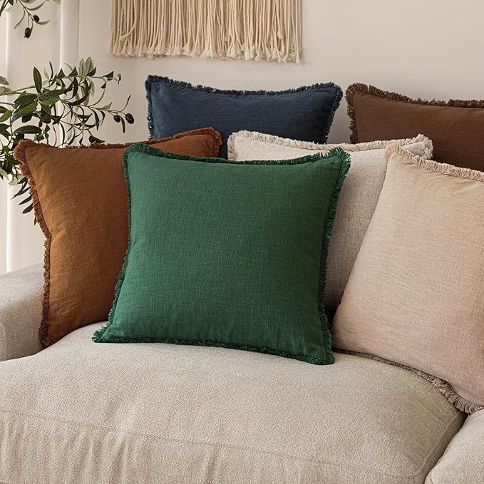 Foindtower Set of 2 Decorative Linen Fringe Lumbar Throw Pillow Covers Boho Farmhouse Cushion Cover with Tassels Soft Accent 
