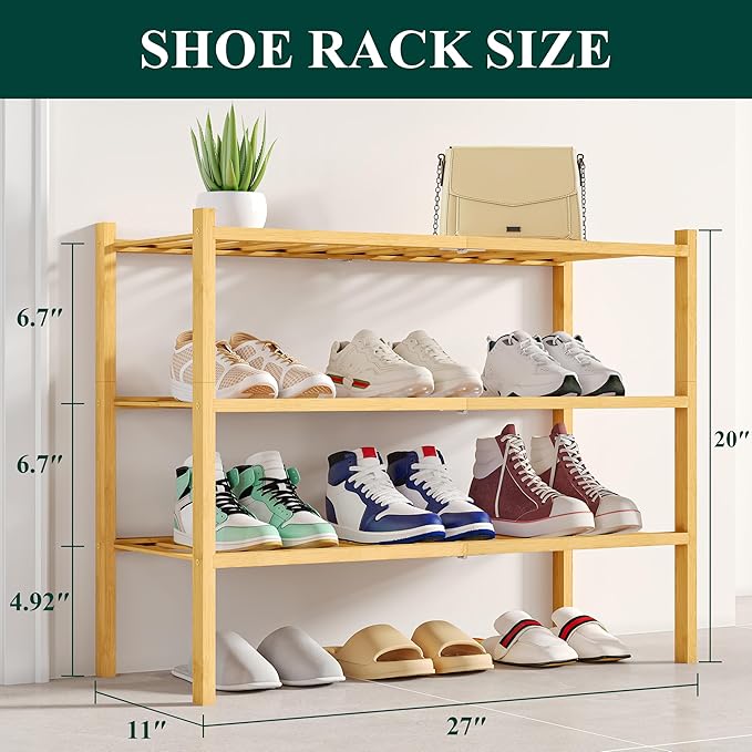 Smiry Shoe Rack, 3 Tier Bamboo Shoe Organizer, Stackable Free Standing Wooden Shoe Storage Shelf for Closet, Entryway, Front 