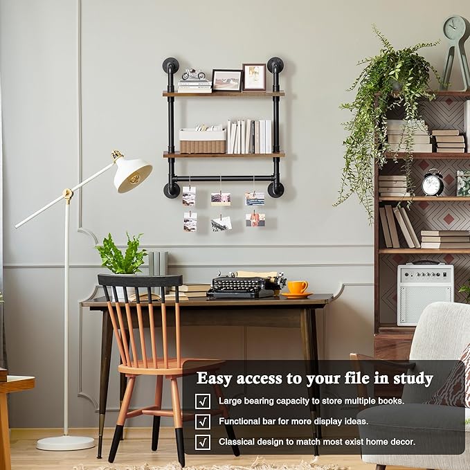 Merapi 24" Industrial Floating Shelves with Tower Bar, Pipe Shelves for Wall, 2 Tier Rustic Wood Wall Shelves for Home Décor,