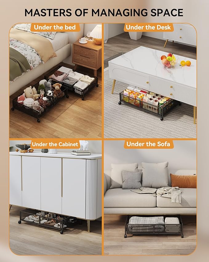 Under Bed Storage with Wheels, Foldable Pattern Carved Metal Under The Bed Storage, Tool-Free Assembly Under Bed Organizer, 6