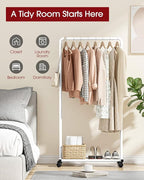 Sakugi Clothes Rack - Clothing Rack with Storage Mesh Shelf & Casters, Heavy-Duty Metal Clothing Rack for Hanging Clothes, Dr