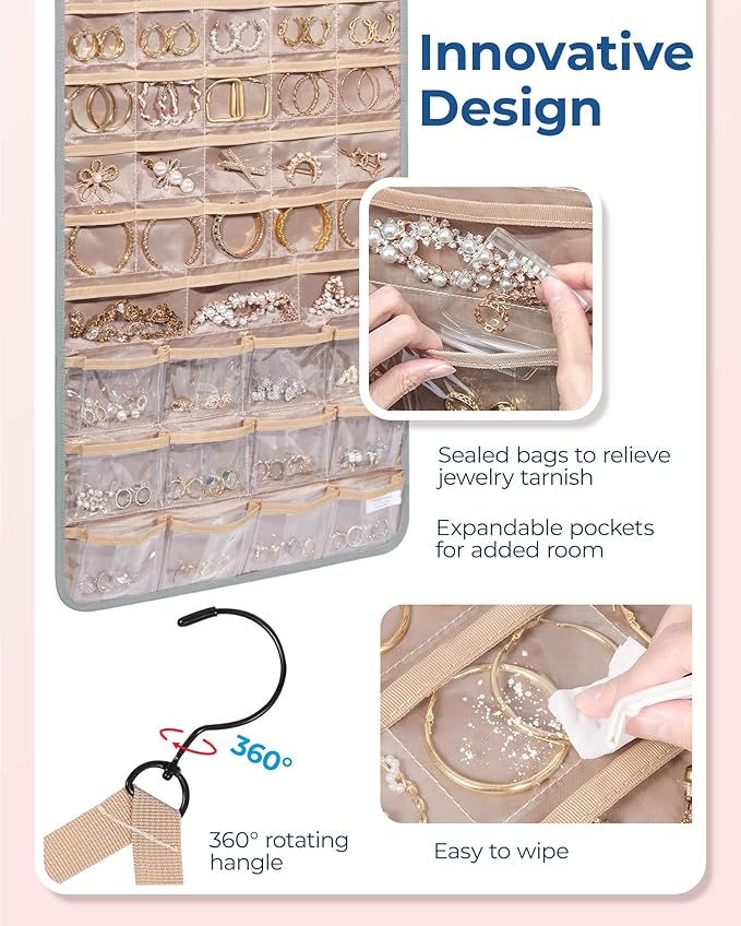 BAGSMART Hanging Jewelry Organizer, Necklace Holder Anti-tangle Earrings Rings Hanger with Pockets Hang on Closet, Wall, Door