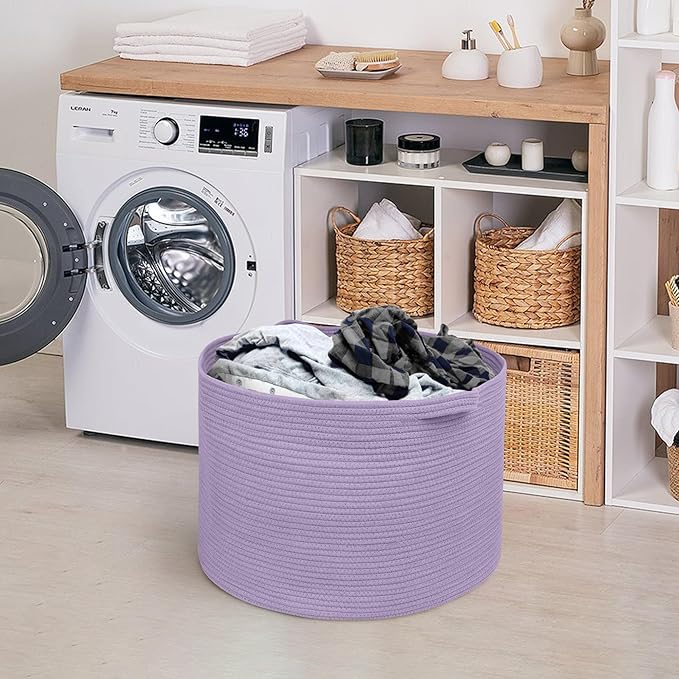 MEGASKET Purple Rope Storage Basket, 22" X 14" Large Woven Baskets, Jumbo Floor Bin for Throw Blankets Pillows, Baby Laundry 