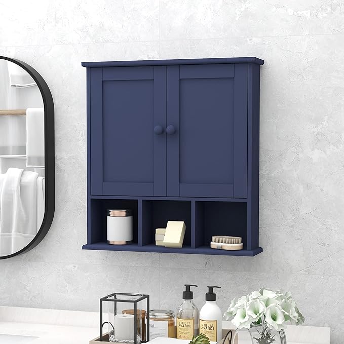 TaoHFE Blue Bathroom Over The Toilet Storage Cabinet,Wall Medicine Cabinet Organizer with 2 Door Adjustable Shelves,Wooden Mo