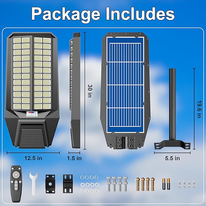 12000W Utral-large Solar Street Lights Outdoor LED Solar Street Light with Motion Detection, Dusk to Dawn, Weatherproof, Ideal for Security Lighting in Driveways and Commercial Parking Lot, Yard