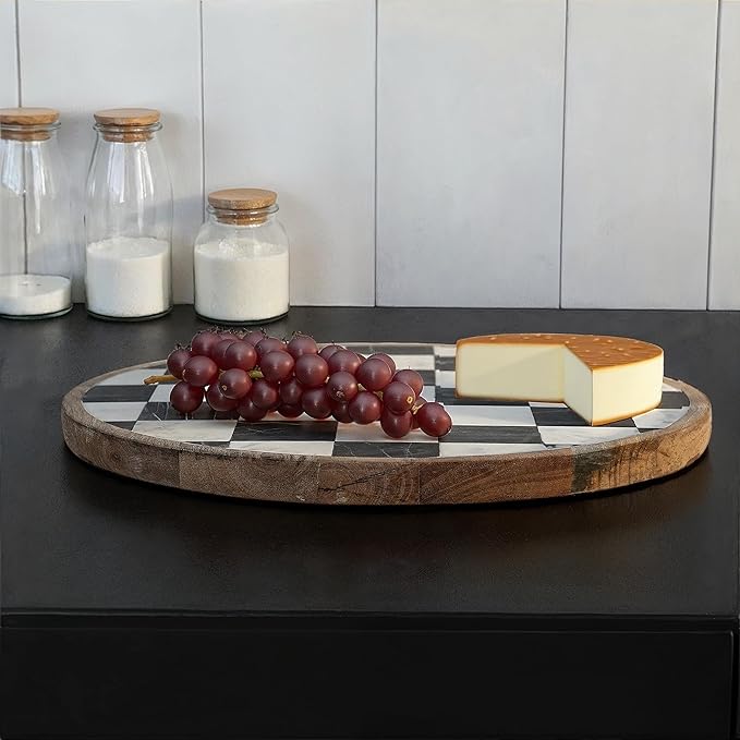 Creative Co-Op Checkered Lazy Susan in Mango Wood and Marble, White, Black and Natural