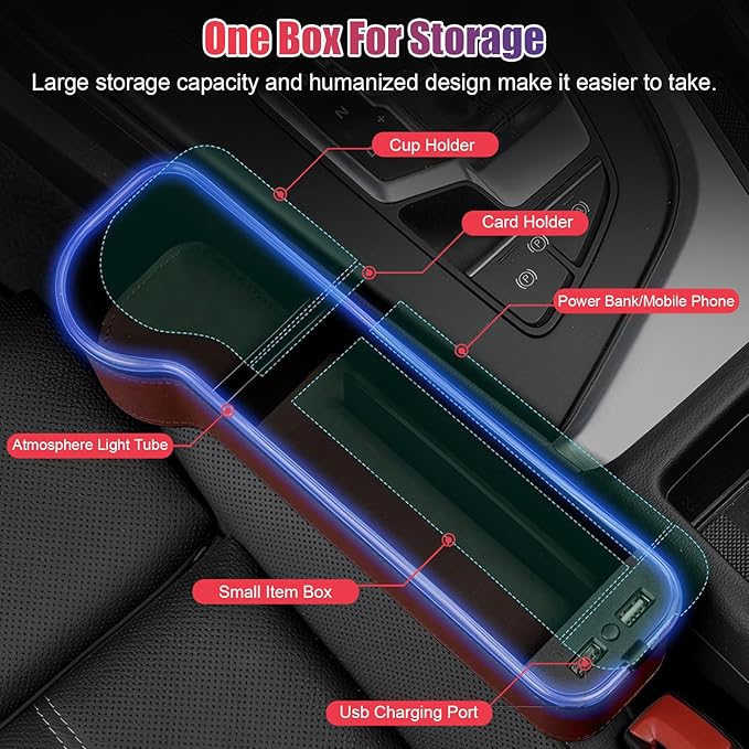 2PCS LED Car Seat Gaps Filler Organizer,Front Seat Gaps Filler, Car Seat Organizer with Ambient Light, USB Charger for Multifunction Storage Box for Holding Phone, Sunglasses