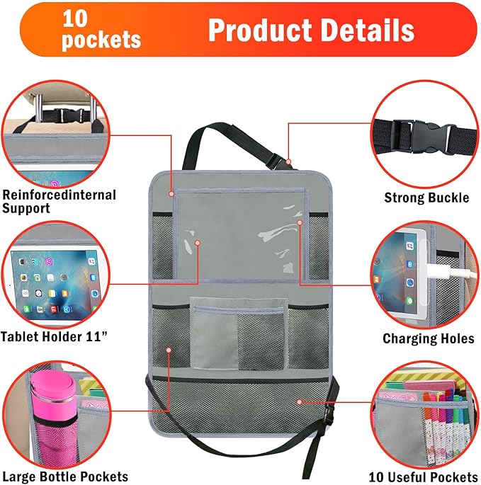 Car Backseat Organizer ，2 Pack Car Organizer Back Seat with 11" Tablet Holder, 10 Storage Pockets Seat Back Protectors Kick Mats for Kids Toddlers, Travel Accessories (Grey)