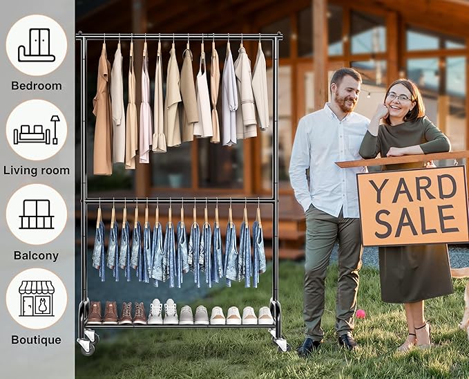 MISSLO Heavy Duty Clothing Racks for Hanging Clothes Rack Double Rod Garment Rack Rolling Closet Wardrobe Rack on Wheels, Met