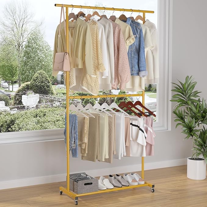 Sywhitta Double Rod Clothing Garment Rack, Rolling Clothes Organizer on Wheels for Hanging Clothes, Easy to Assemble, Adjusta