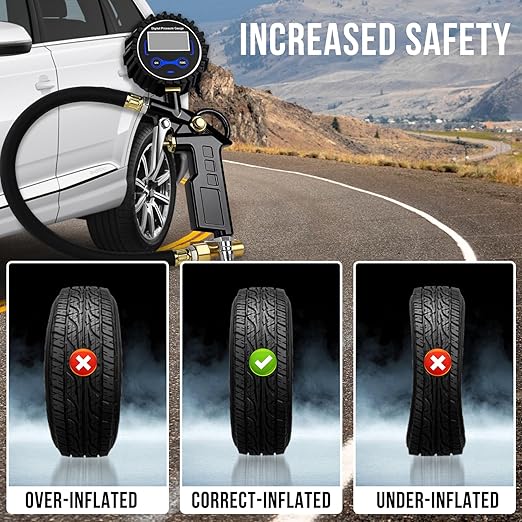 Digital Tire Pressure Gauge with Inflator, Air Compressor Accessories with Air Chuck Quick Connect Coupler, Car Attachments with Rubber Hose for Car, Truck, SUV, Cycle, RV, 250 PSI