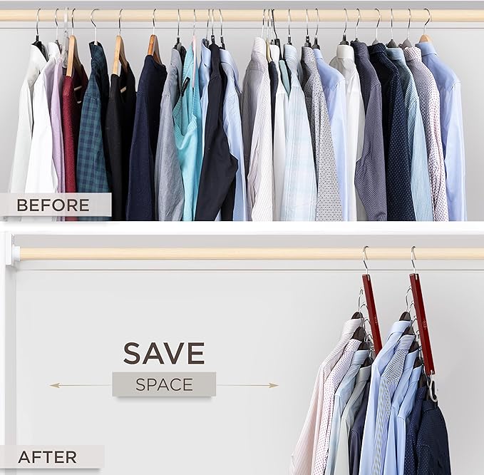 MORALVE Space Saving Hangers for Closet – 4 Pack European Beechwood 6-Tier Shirt Organizer with 360° Swivel Hook – Collapsibl