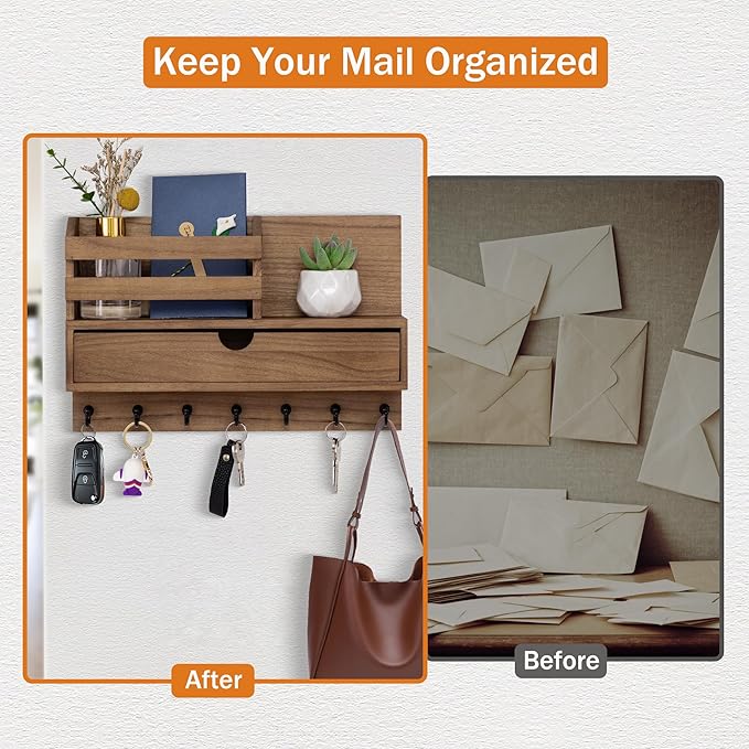 dreampossible Key and Mail Holder for Wall, Mail Organizer Wall Mount with 6 Hooks and Storage Drawer, Wooden Key Rack Hanger