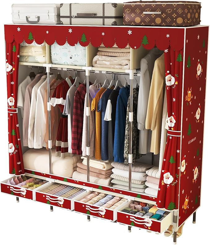 Portable Wardrobe with 4 Drawers Simple Temporary Wardrobe, Armario Portátil,New Oxford Cloth, Christmas Style (Christmas Col