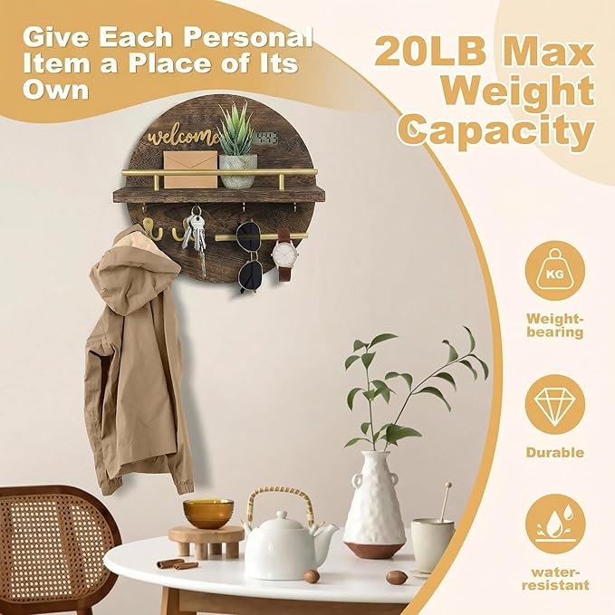 Key Holder for Wall, Key and Mail Holder Organizer with - Key Holder Wall Mount - Round Wooden Rustic Home Decor for Entryway