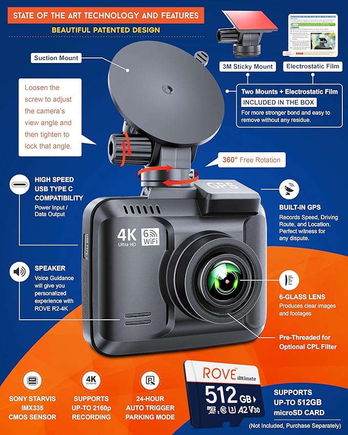 ROVE R2-4K Dash Cam Built-in WiFi 6 GPS Car Dashboard Camera Recorder with UHD 2160P, 2.4" IPS Screen, 150° Wide Angle, WDR, 