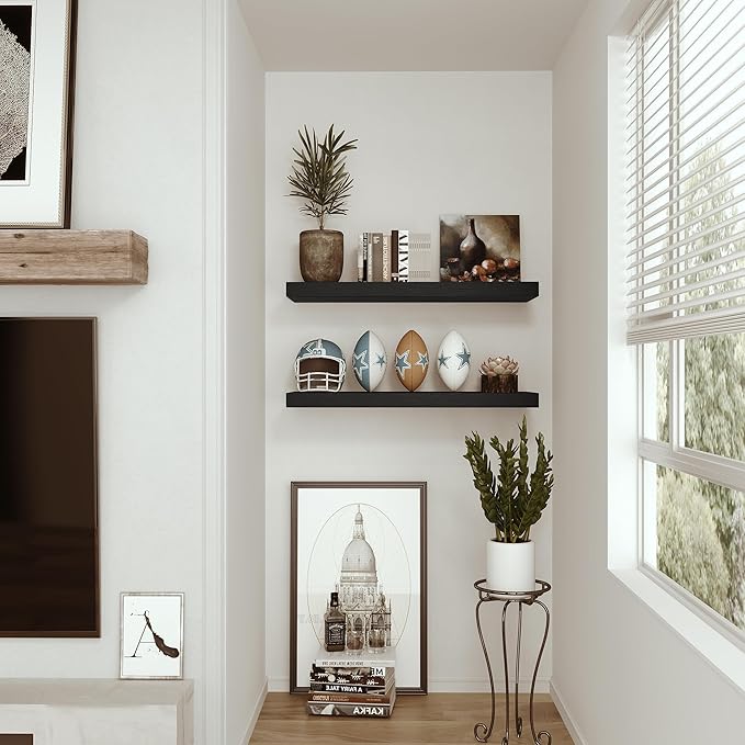 Vivelove Black Floating Shelves for Wall Mounted, 24 inchs x 9.1” Deep x 1.6” Thick Wall Shelves for Bedroom, Living Room, Ba