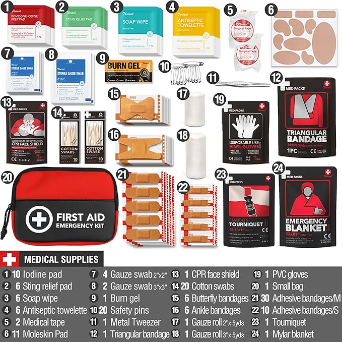 Survival First Aid Kit, 190 Pcs Survival Gear and Medical Supplies, Military IFAK EMT Molle Tactical Pouch for Outdoor, Campi