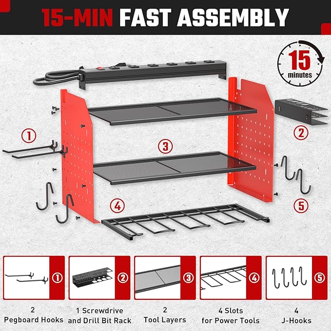 ZESEN Power Tool Organizer with Charging Station, Heavy Duty 3 Layer Drill Holder Wall Mount Garage Shelf Rack with 6 Outlet 