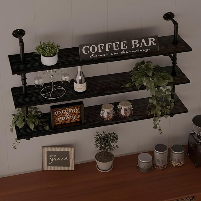 Industrial Pipe Shelving Rustic Black Wall Shelves with Wood Planks Industrial Floating Shelves 48 Inch 3 Tier Farmhouse Book