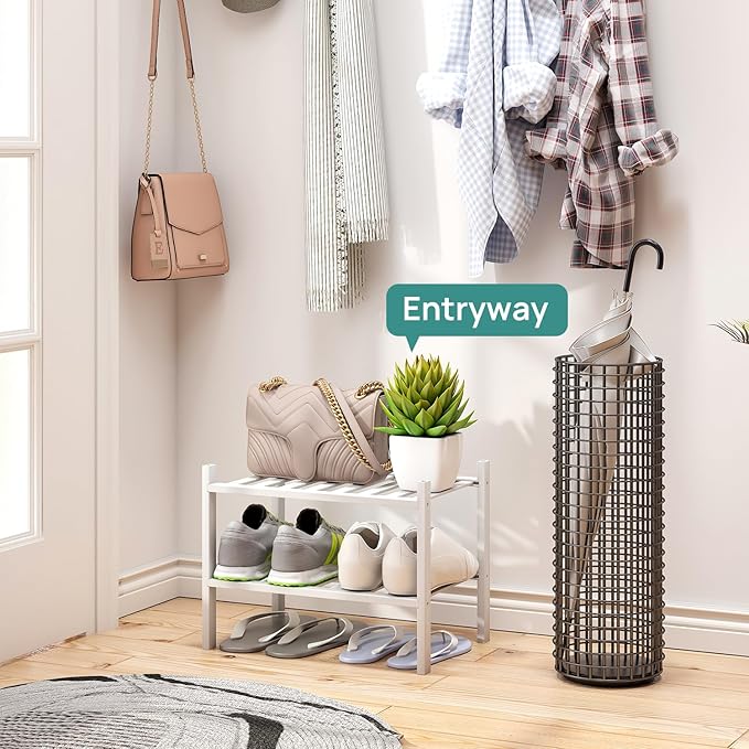 viewcare White Small Shoe Rack for Entryway,2-Tier Bamboo Shoe Organizer for Hallway Closet, Free Standing Shoe Racks for Ind