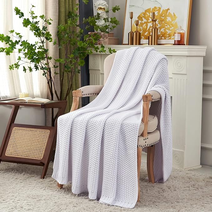 Chunky Cable Knit Throw Blanket Lightweight White 100% Organic Cotton Blanket for Sofa Couch Bed Baby Nursery, Rustic Shabby 