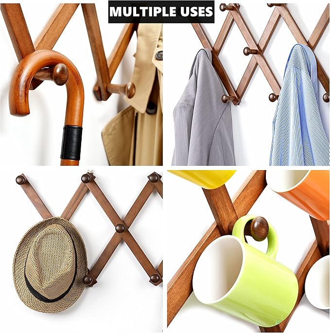 Amber Home Wood Accordion Wall Rack 17 Hooks (Pegs), Expandable Wall Mounted Hanger for Coat, Hat, Scarf, Coffee Mugs, X Shap