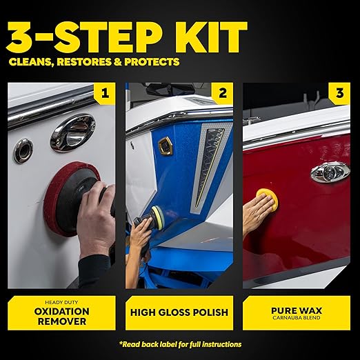 Meguiar’s Marine/RV Fiberglass Restoration System, M4965, 3-Piece Fiberglass Repair Kit with Oxidation Remover, High-Gloss Boat Polish and Wax, Christmas Gift Ideas for Car Dads