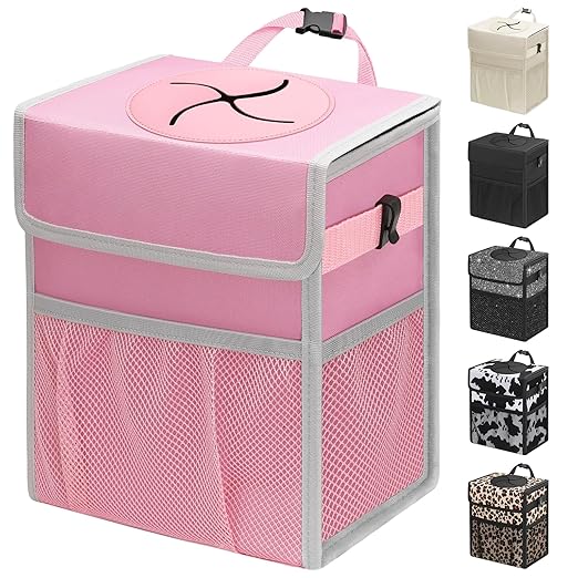 Capolo Car Trash Can with Lid, Leakproof Car Trash Bag Hanging Waterproof Automotive Garbage Can with Storage Pockets Mini Vehicle Trash Bin for Back/Front Seat(Pink,3 Gallon)