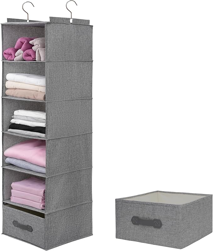 Large Hanging Sweater Organizer for Closet,Collapsible 6-Shelf Hanging Closet Shelves with Drawers, Washable (Grey-6 Shelf-1 
